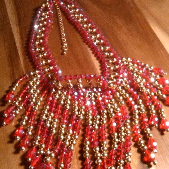 Red Glass and Beaded Waterfall Goldtone Necklace - Picture 3 of 16